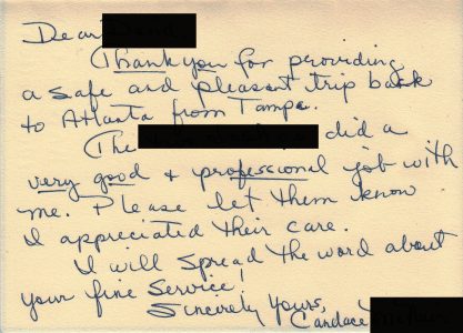 Handwritten testimonial letter 1 from an Eastern Royal Medical Transport customer.