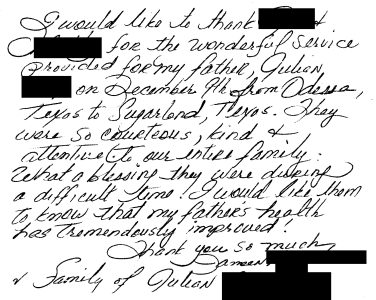 Handwritten testimonial letter 2 from an Eastern Royal Medical Transport customer.