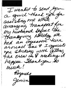 Handwritten testimonial letter 3 from an Eastern Royal Medical Transport customer.