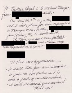 Handwritten testimonial letter 4 from an Eastern Royal Medical Transport customer.