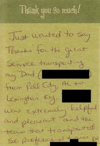 Handwritten testimonial letter 5 from an Eastern Royal Medical Transport customer.